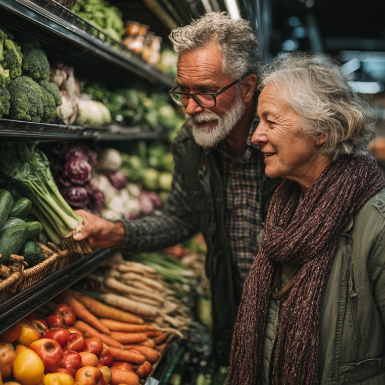 Възрастна двойка готви здравословно
